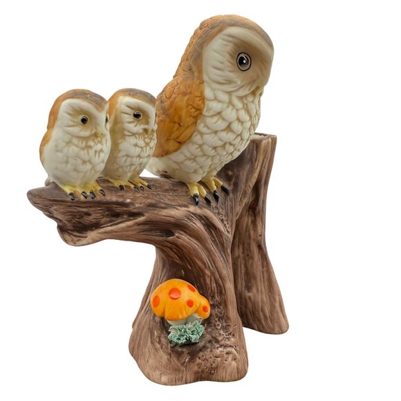 Vtg 70s Ardco Owl Family Bisque Porcelain Planter Bud Vase Tree Stump Mushroom - Picture 5 of 14